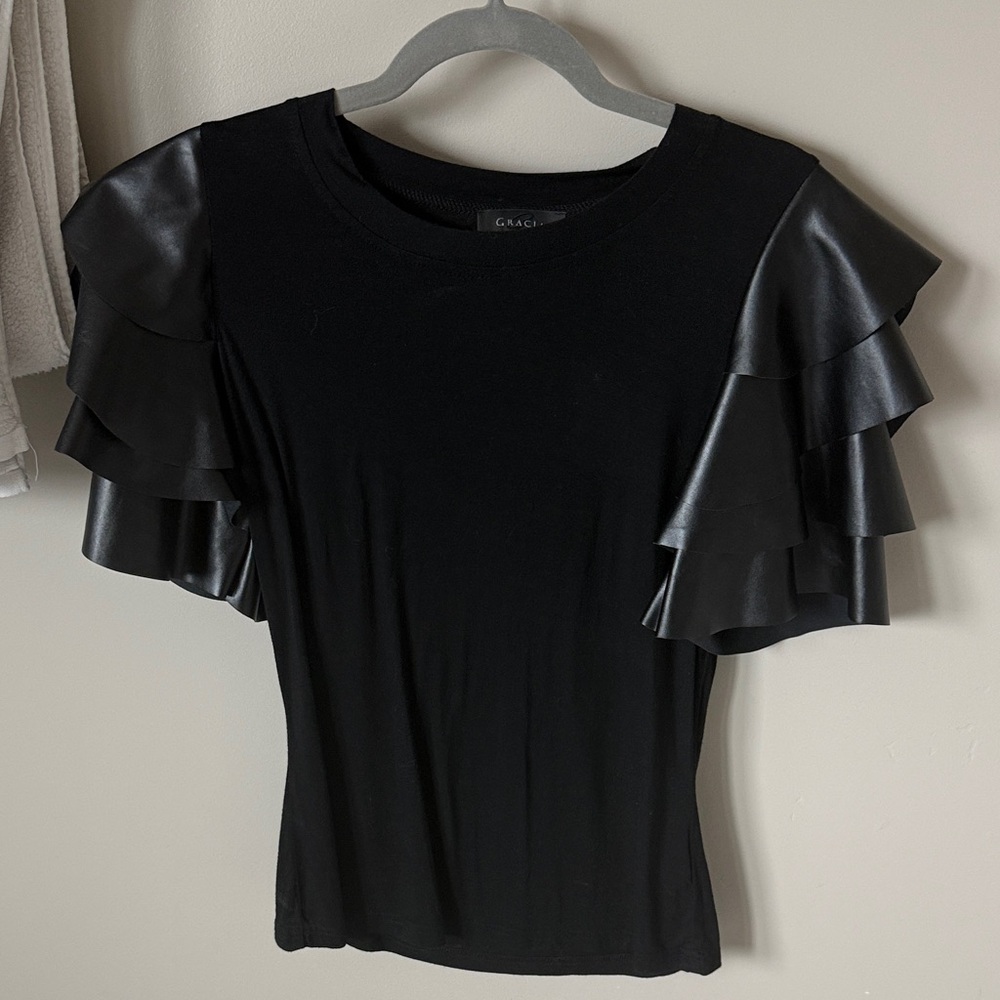 Black Ruffled faux leather Sleeve Top